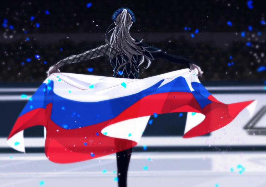 1boy blue_rose con_potata flag flower from_behind head_wreath male_focus petals ponytail rose russian_flag silver_hair skating_rink teenage viktor_nikiforov younger yuri!!!_on_ice