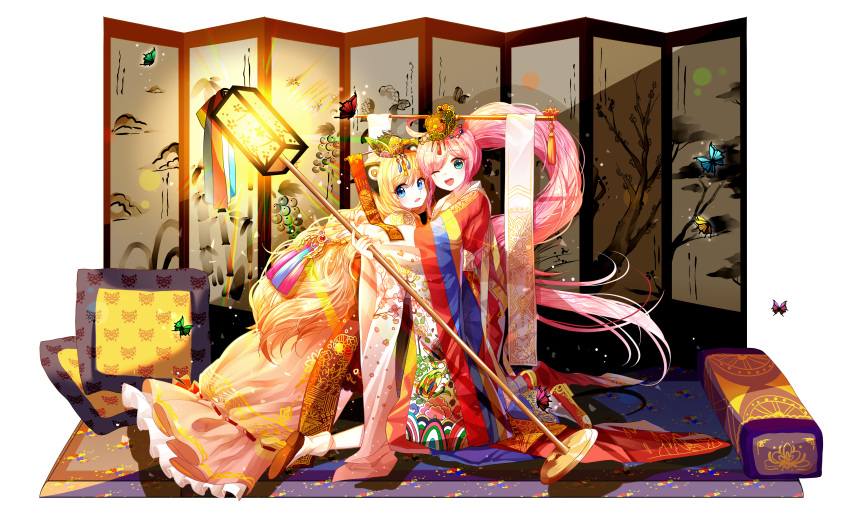 2girls ;d absurdres bangs blonde_hair blue_eyes blush brown_shoes butterfly crown cushion eyebrows_visible_through_hair floral_print folding_screen full_body fusuma gem green_eyes hair_between_eyes head_tilt highres holding hug hwalot jewelry jokduri kneeling korean_clothes lamp lepoule light light_rays long_hair looking_at_viewer looking_to_the_side multicolored multicolored_clothes multiple_girls one_eye_closed open_mouth painting_(object) parted_bangs pink_hair ponytail seeu shadow shiny shiny_hair shoes sliding_doors smile socks tassel uni_(vocaloid) very_long_hair vocaloid white_legwear wide_sleeves