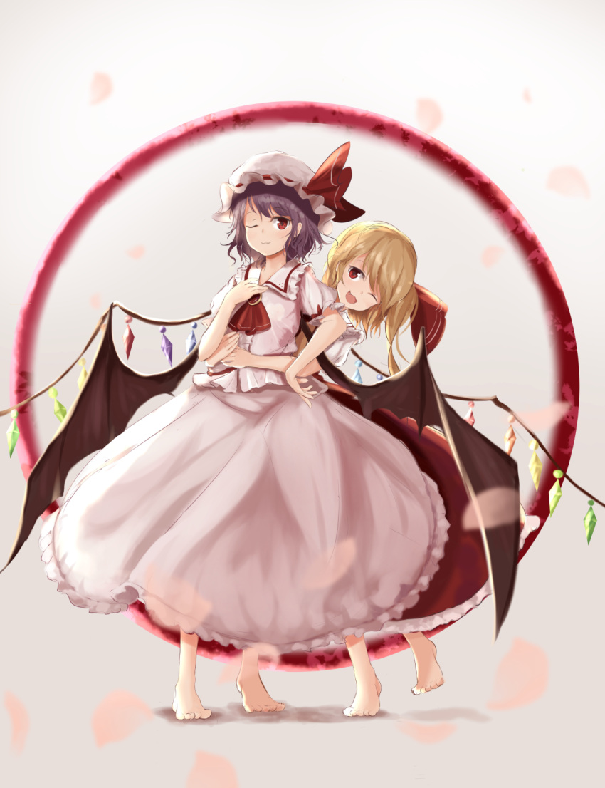 2girls :3 ;d arms_around_waist ascot barefoot bat_wings blonde_hair broom circle fang flandre_scarlet full_body grey_background hair_ribbon hand_on_hip hand_on_own_chest hat hat_ribbon highres hug hug_from_behind long_skirt mob_cap multiple_girls one_eye_closed open_mouth petals pink_skirt purple_hair red_eyes red_ribbon red_skirt remilia_scarlet ribbon siblings sisters skirt skirt_set smile standing standing_on_one_leg touhou wings yukitourou