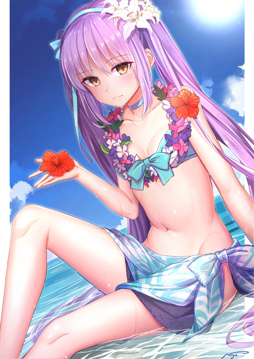 1girl bare_arms bare_legs bare_shoulders bikini_top blue_bikini_top blue_bow blue_choker blue_headband blush bow breasts brown_eyes closed_mouth clouds collarbone commentary_request dutch_angle euryale fate/hollow_ataraxia fate_(series) flower flower_necklace front-tie_bikini front-tie_top hair_flower hair_ornament hibiscus highres holding jewelry knee_up long_hair looking_at_viewer navel necklace ocean pink_hair red_flower sarong shiny shiny_skin shuutou_haruka sidelocks signature sitting small_breasts smile solo stomach sun twintails very_long_hair water white_flower