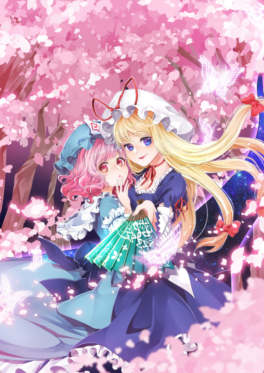 2girls aura bangs blonde_hair blue_eyes blue_kimono blurry bow breasts cherry_blossoms choker cleavage commentary_request depth_of_field detached_sleeves dress fan floral_print folding_fan foreshortening frilled_dress frills gap glowing_petals gradient_eyes hair_bow hand_up hat highres japanese_clothes kimono light_particles lipstick long_hair long_sleeves looking_at_viewer makeup mob_cap mugino_kirin multicolored multicolored_eyes multiple_girls orange_eyes parted_lips pink_eyes pink_hair pink_lips puffy_short_sleeves puffy_sleeves purple_dress red_eyes red_lipstick reflective_eyes ribbon_choker saigyouji_yuyuko sash shiny shiny_hair short_hair short_sleeves small_breasts smile swept_bangs touhou tree triangular_headpiece very_long_hair wavy_hair wide_sleeves wind yakumo_yukari