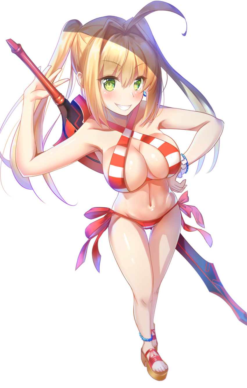 1girl ahoge anklet bead_bracelet beads bikini blonde_hair blush bracelet breasts earrings eyebrows_visible_through_hair fate/grand_order fate_(series) from_above full_body green_eyes grin hair_intakes halterneck hand_on_hip highres jewelry large_breasts long_hair looking_at_viewer navel nero_claudius_(swimsuit_caster)_(fate) platform_footwear pupupu_(1053378452) saber_extra side-tie_bikini slippers smile solo striped striped_bikini swimsuit sword_behind_back thigh_grab twintails white_background