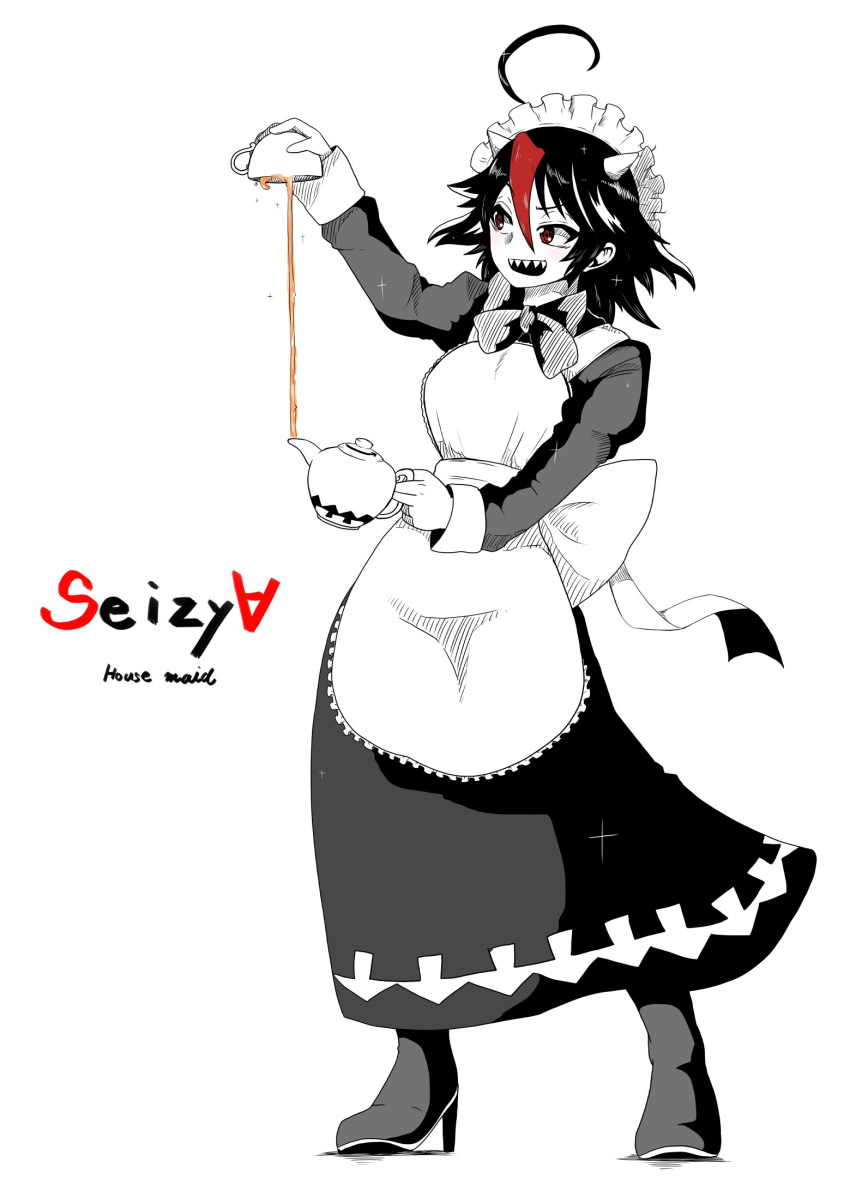 1girl ahoge alternate_costume apron arm_up bangs bow bowtie commentary_request cup directional_arrow enmaided eyebrows_visible_through_hair full_body hair_between_eyes high_heels highres himajin_no_izu holding horns juliet_sleeves kijin_seija long_sleeves looking_at_viewer maid maid_headdress open_mouth puffy_sleeves red_eyes sharp_teeth short_hair simple_background solo sparkle spot_color standing tea teacup teapot teeth touhou white_background