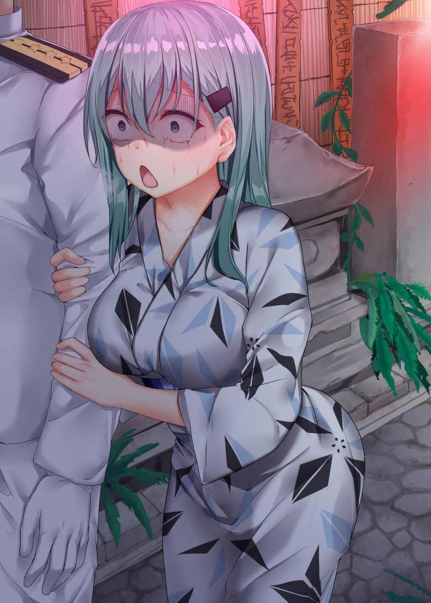 1boy 1girl absurdres admiral_(kantai_collection) arm_grab breasts commentary_request constricted_pupils crying crying_with_eyes_open epaulettes gloves green_eyes green_hair hair_between_eyes hair_ornament hairclip heavy_breathing highres japanese_clothes kantai_collection kimono large_breasts leaning_forward long_hair long_sleeves military military_uniform mujakuma naval_uniform night outdoors scared solo_focus star suzuya_(kantai_collection) sweat tears turn_pale uniform white_gloves yukata