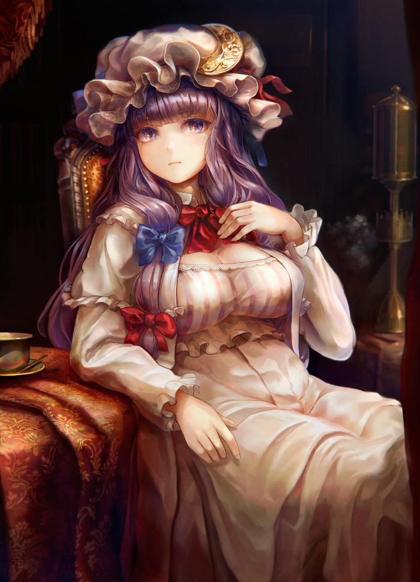 1girl bangs blue_bow blunt_bangs bow breasts capelet cleavage closed_mouth crescent crescent_hair_ornament cup dress expressionless hair_bow hair_ornament hat highres indoors long_hair long_sleeves medium_breasts mob_cap patchouli_knowledge purple_hair red_bow saucer sidelocks sitting solo spoon striped striped_dress table teacup tocope touhou violet_eyes