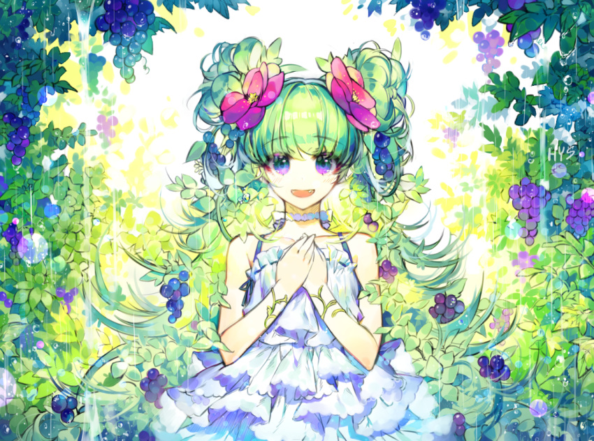 1girl blush collarbone dress eyebrows_visible_through_hair flower food food_themed_hair_ornament fruit grape_hair_ornament grapes green_hair hair_flower hair_ornament hands_on_own_chest hayanse long_hair looking_at_viewer original parted_lips signature smile solo twintails violet_eyes white_dress
