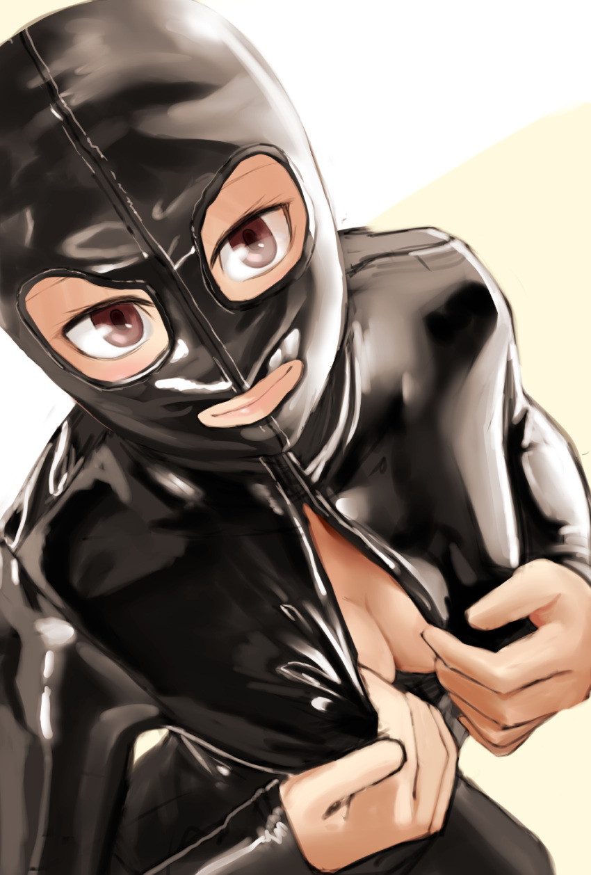1girl bodysuit breasts brown_eyes center_opening cleavage covered_face gimp_mask highres kilye_4421 latex looking_up mask original simple_background smile