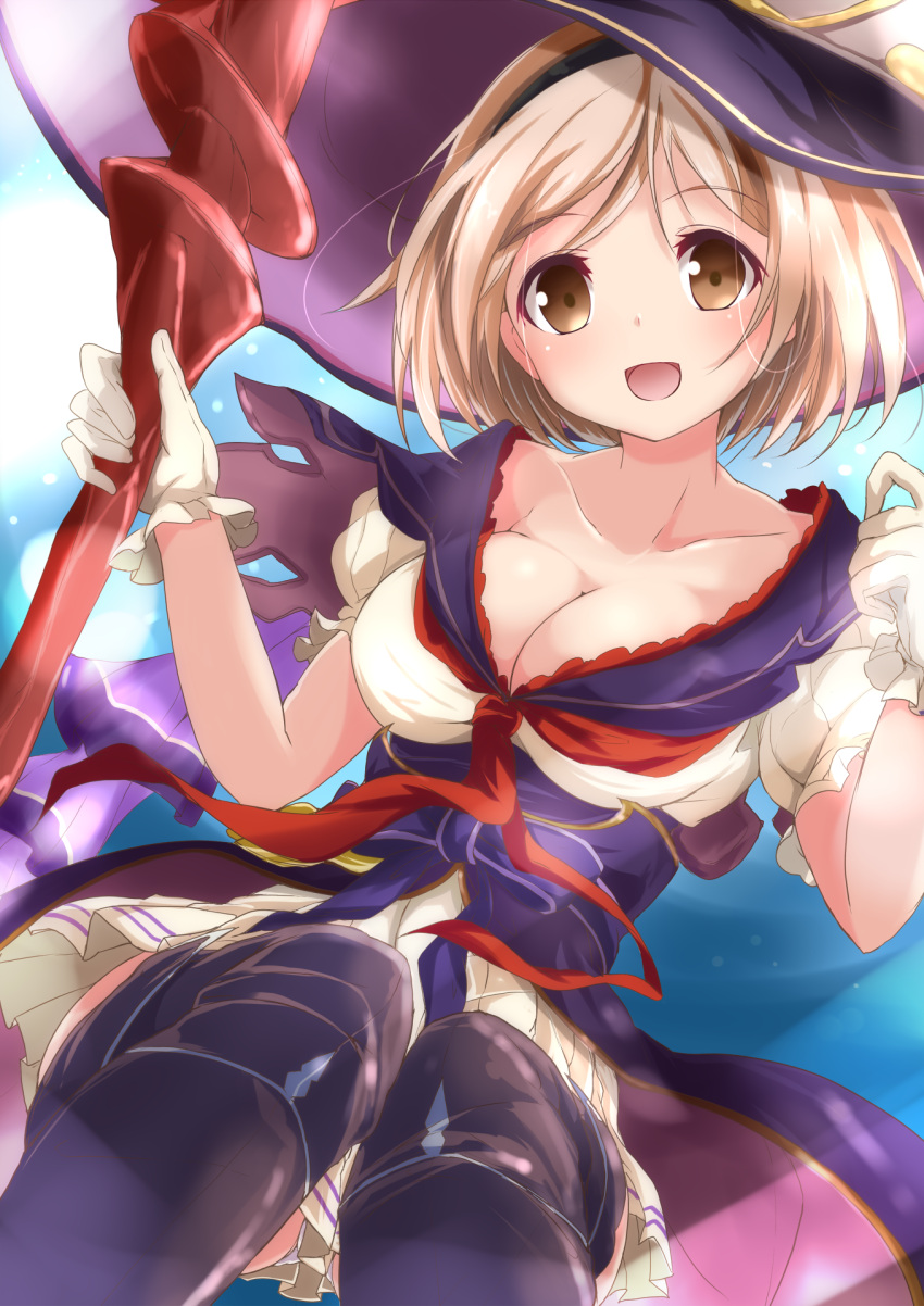 1girl :d black_legwear blonde_hair breasts brown_eyes cleavage collarbone djeeta_(granblue_fantasy) dress gloves granblue_fantasy hat highres holding holding_staff large_breasts looking_at_viewer nanaume_(shichimi_tougarashi) open_mouth panties pantyshot puffy_short_sleeves puffy_sleeves short_hair short_sleeves smile solo staff tareme thigh-highs underwear warlock_(granblue_fantasy) white_gloves white_panties witch_hat