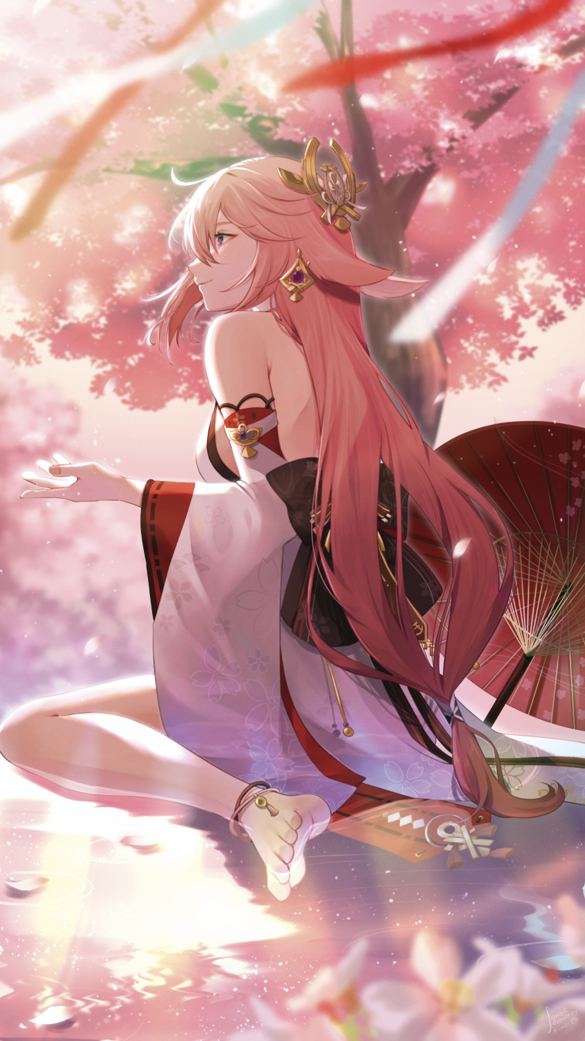 1girl absurdres animal_ears artist_name back back_bow bangs bare_shoulders barefoot black_bow blurry blurry_background blurry_foreground bow branch breasts cherry_blossoms closed_mouth commentary_request depth_of_field detached_sleeves earrings fingernails floral_print flower fox_ears fox_girl gem genshin_impact gold gold_earrings gradient gradient_sky grey_shirt hair_between_eyes hair_ornament hand_up highres japanese_clothes jewelry kinaco_4738 long_hair long_sleeves looking_to_the_side low-tied_long_hair medium_breasts nail_polish nontraditional_miko oil-paper_umbrella outdoors petals pink_flower pink_hair pink_nails pink_sky purple_gemstone red_skirt shadow shirt sitting skirt sky smile solo sunlight sunset tape tree umbrella violet_eyes vision_(genshin_impact) water wide_sleeves yae_miko yellow_sky