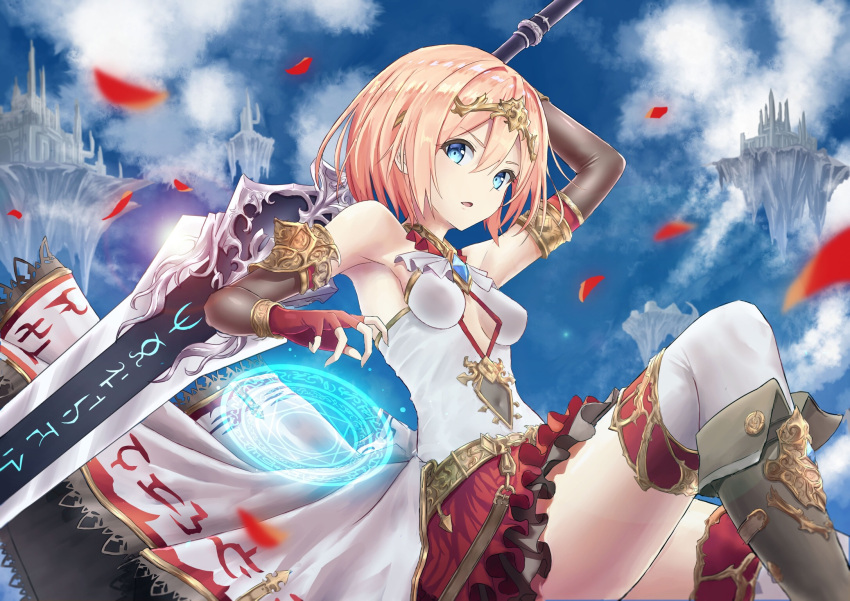 1girl armpits blue_eyes blush breasts brown_hair covered_navel eyebrows_visible_through_hair fingerless_gloves gloves highres holding holding_sword holding_weapon looking_at_viewer medium_breasts original parted_lips red_gloves red_skirt short_hair sideboob sitting skirt solo sword teraguchi thigh-highs weapon white_legwear
