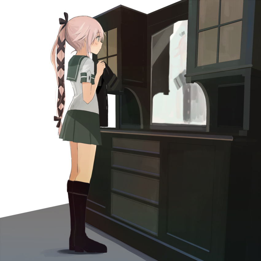 1girl annin_musou black_boots boots green_sailor_collar green_skirt highres holding_clothes kantai_collection long_hair mirror pink_hair pleated_skirt ponytail sailor_collar school_uniform serafuku short_sleeves skirt solo standing yura_(kantai_collection)