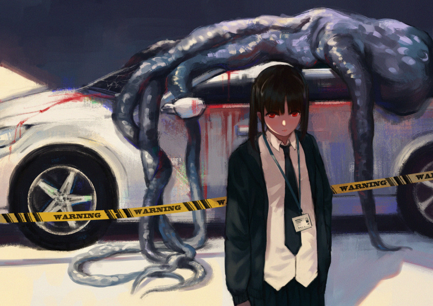 1girl absurdres black_hair blood car death ground_vehicle highres jun_(5455454541) long_hair looking_at_viewer marker_(medium) monster motor_vehicle name_tag necktie original pleated_skirt police red_eyes school_uniform sign skirt solo tentacle traditional_media twintails warning_sign