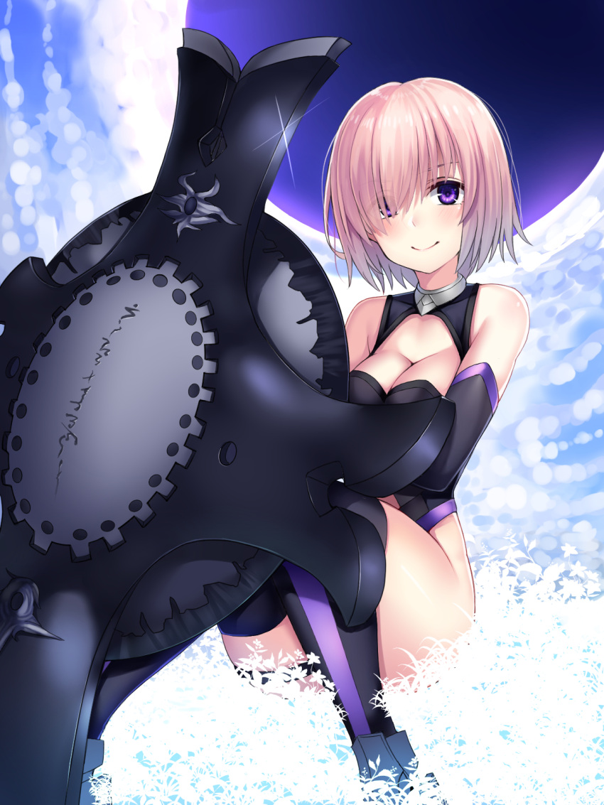 1girl bangs bare_shoulders beeyan black_boots black_legwear black_leotard blue_sky boots breasts cleavage cleavage_cutout closed_mouth clouds cloudy_sky collarbone day detached_sleeves eyebrows_visible_through_hair eyes_visible_through_hair fate/grand_order fate_(series) glint grass hair_over_one_eye head_tilt highres knees_up leotard looking_at_viewer medium_breasts outdoors pink_hair purple_legwear shield shielder_(fate/grand_order) shiny shiny_hair short_hair silhouette sitting sky smile solo striped striped_legwear thigh-highs violet_eyes