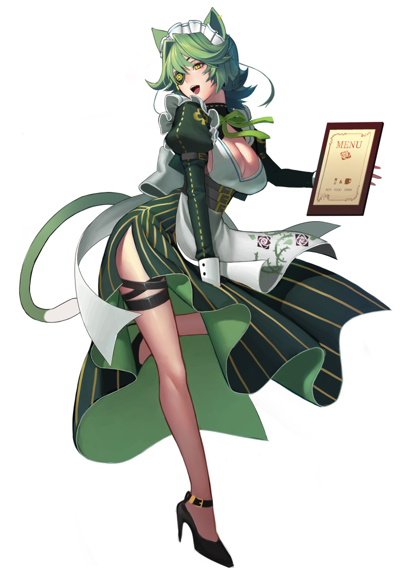 1girl absurdres animal_ears apron arm_belt bangs belt black_shoes breasts cat_ears cat_girl cat_tail cleavage dress dress_tug eyepatch full_body gimt green_dress green_hair green_ribbon high_heels highres large_breasts leaning_forward long_dress long_hair long_sleeves looking_back maid maid_headdress menu mole mole_under_eye open_mouth puffy_long_sleeves puffy_sleeves ribbon shoes side_slit solo standing standing_on_one_leg striped tail thigh_strap vertical-striped_dress vertical_stripes white_background wrist_cuffs yellow_eyes