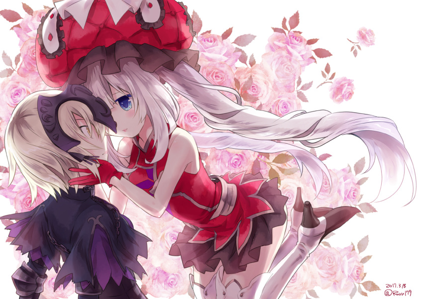 2girls aikawa_ruru blonde_hair blue_eyes boots commentary_request dated dress face-to-face fate/grand_order fate_(series) floral_background gauntlets gloves hat headpiece jeanne_alter long_hair looking_at_another marie_antoinette_(fate/grand_order) multiple_girls red_dress red_gloves red_hat ruler_(fate/apocrypha) silver_hair sleeveless sleeveless_dress smile thigh-highs thigh_boots twintails twitter_username yellow_eyes yuri