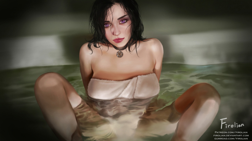 arm_support bare_shoulders bath black_hair collar collarbone firolian highres lavender_eyes long_hair looking_at_viewer sitting smile spread_legs the_witcher towel water yennefer