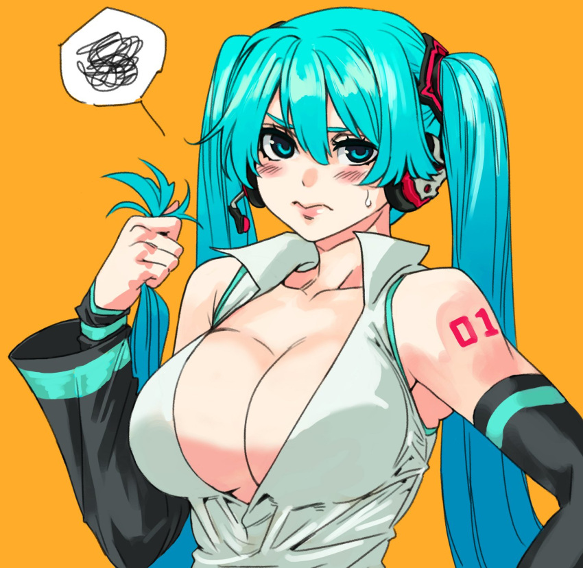 1girl alternate_breast_size aqua_eyes aqua_hair archvermin blush breasts cleavage commentary detached_sleeves frown hatsune_miku headset highres large_breasts long_hair orange_background solo sweatdrop twintails upper_body vocaloid