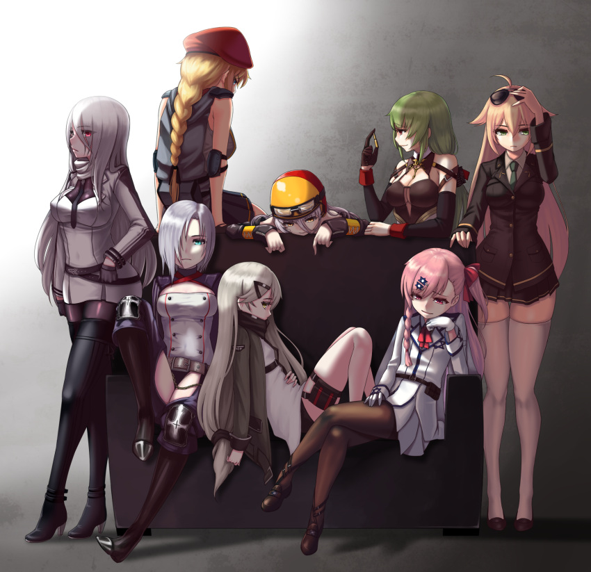 6+girls ahoge aviator_sunglasses bare_shoulders belt beret black_boots black_gloves black_legwear blonde_hair blue_eyes boots braid breasts bullet chains character_request chin_rest cloel couch elbow_pads erect_nipples eyes_visible_through_hair full_body girls_frontline gloves goggles goggles_on_headwear green_eyes green_hair hair_ornament hair_over_one_eye hairclip hat helmet hexagram high_heel_boots high_heels highres holster long_hair looking_at_viewer m1918_bar_(girls_frontline) m60_(girls_frontline) medium_breasts mg3_(girls_frontline) mg4_(girls_frontline) mg5_(girls_frontline) military military_uniform miniskirt mk48_(girls_frontline) multiple_girls necktie negev_(girls_frontline) pantyhose pink_hair pleated_skirt red_eyes silver_hair single_braid sitting skirt smug standing star_of_david sunglasses sunglasses_on_head thigh-highs thigh_boots thigh_gap thigh_holster uniform very_long_hair white_gloves white_legwear yellow_eyes