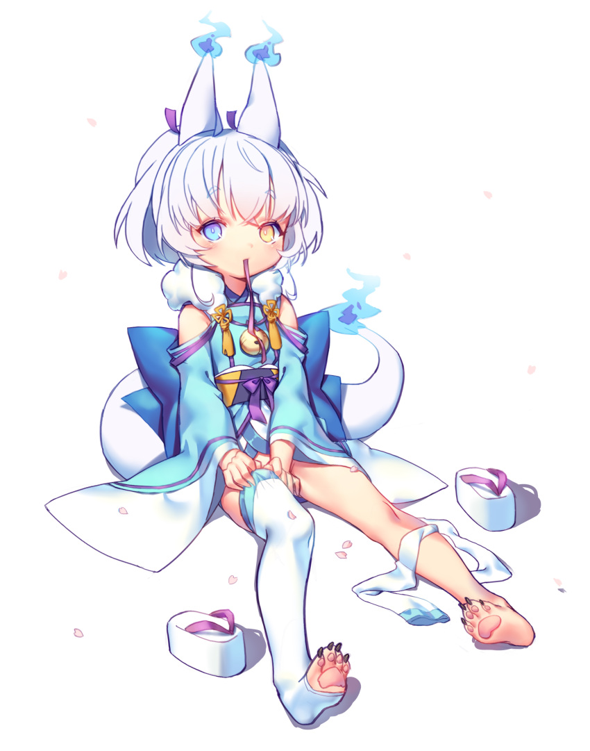 1girl absurdres animal_ears blue_eyes blue_fire dressing fingernails fire fox_ears full_body gimt heterochromia highres japanese_clothes kimono long_fingernails long_sleeves looking_at_viewer mouth_hold no_panties off_shoulder original paws platform_footwear short_hair slippers solo tail thigh-highs toeless_legwear white_hair white_legwear wide_sleeves yellow_eyes