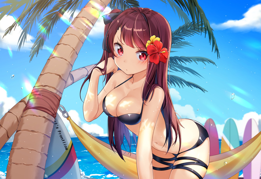 1girl beach bikini black_bikini blush breasts cleavage clouds flower girls_frontline hair_flower hair_ornament hammock highres long_hair looking_at_viewer moong_gya ocean palm_tree purple_hair red_eyes scowl side_ponytail sky sunlight surfboard swimsuit tree wa2000_(girls_frontline)