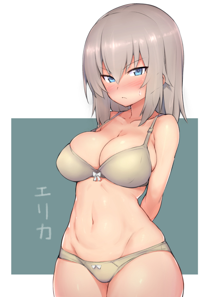 &gt;:( 1girl absurdres arms_behind_back blue_eyes bow bow_panties bra breasts character_name cleavage collarbone cowboy_shot eyebrows_visible_through_hair girls_und_panzer grey_bra grey_hair grey_panties highres itsumi_erika large_breasts looking_at_viewer navel panties simple_background skindentation solo sweatdrop try underwear underwear_only