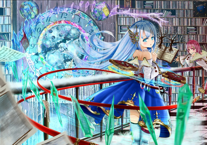 2girls :o balcony bare_tree blue_eyes blue_hair blue_legwear blue_skirt book bookshelf checkered checkered_floor clock crystal detached_sleeves dress fantasy finger_to_chin from_behind gears glint hair_blowing hair_ornament indoors kazari_(1a2b3c4d98721) keyring layered_dress levitation library light_particles long_hair looking_at_viewer looking_back magic_circle magical_girl medallion melting motion_lines multiple_girls open_book original outstretched_hand paper pink_eyes pink_hair railing short_hair skirt smile standing strapless strapless_dress thigh-highs tree undone_belt water_drop wide_sleeves wind wind_lift wings