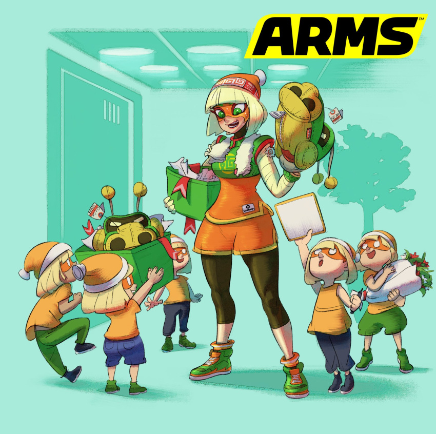 6+girls aqua_background arms_(game) beanie blonde_hair bob_cut dragon_(arms) full_body gift green_eyes green_shoes hat highres ishikawa_masaaki legwear_under_shorts logo mask min_min_(arms) multiple_girls nintendo official_art shikishi shoes shorts simple_background sneakers stuffed_toy surrounded tree