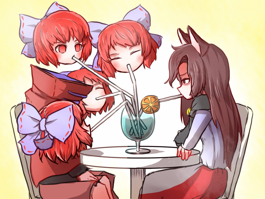 2girls animal_ears black_shirt blue_bow bow brooch brown_hair cloak cup disembodied_head dress drinking_glass drinking_straw floating_head food fruit hair_bow highres imaizumi_kagerou jewelry lemon lemon_slice long_hair long_sleeves miniskirt multiple_girls one-hour_drawing_challenge peroponesosu. red_cloak red_eyes red_skirt redhead sekibanki shirt short_hair skirt touhou white_dress wolf_ears