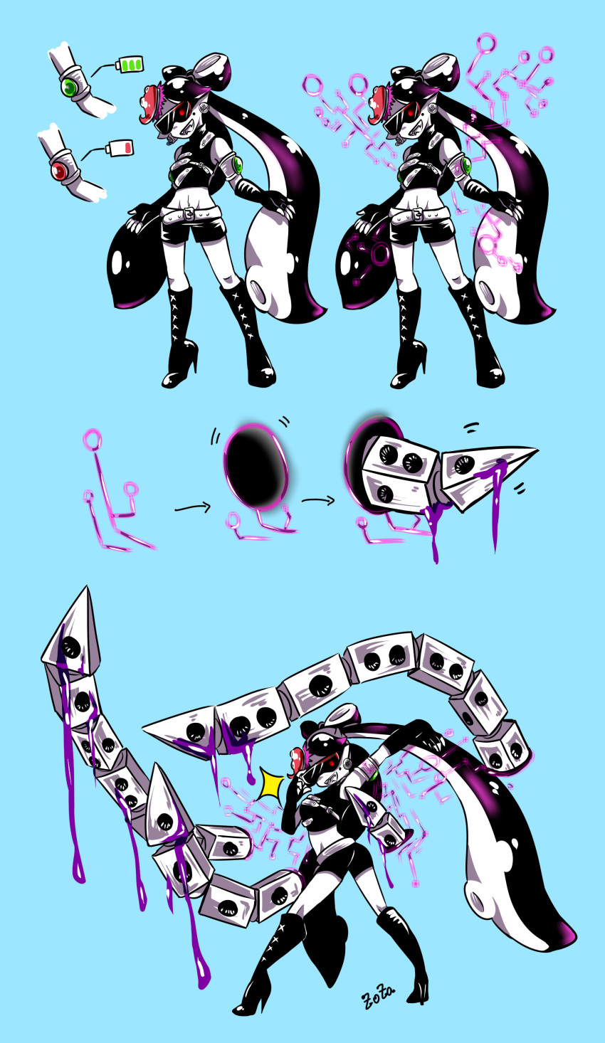 1girl absurdres adjusting_sunglasses aori_(splatoon) arm_up armband belt blue_background boots cosplay cross-laced_footwear earrings elbow_gloves facing_viewer fangs fingerless_gloves food food_on_head from_side gloves halterneck high_heel_boots high_heels highres jewelry knee_boots long_hair looking_at_viewer midriff mole mole_under_eye navel object_on_head open_mouth paint_splatter pancake partially_colored pointy_ears portal_(object) pose shorts smile sparkle splatoon splatoon_2 standing stitched sunglasses sushi takozonesu takozonesu_(cosplay) tentacle tentacle_hair waffle zoza