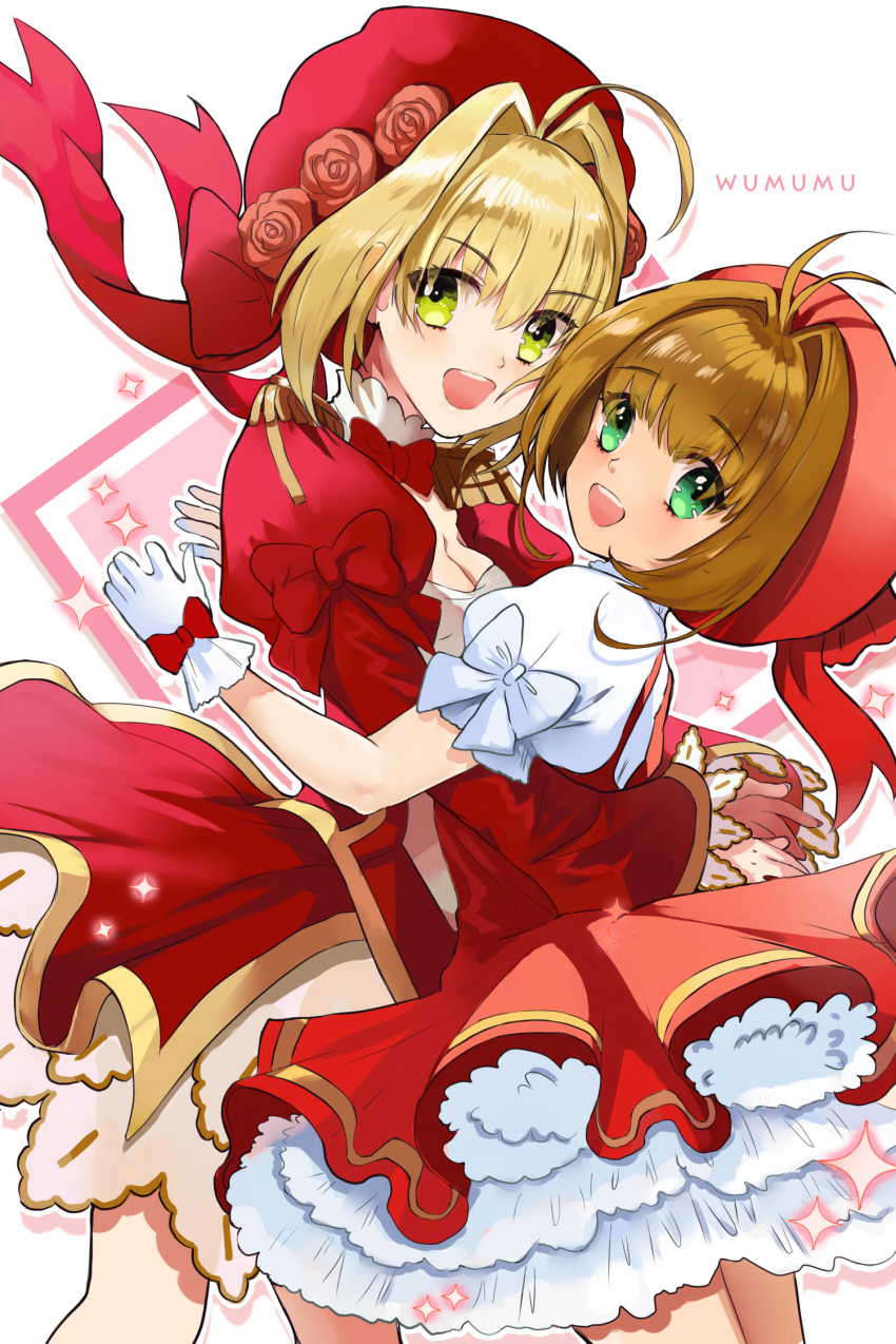 :d antenna_hair blonde_hair brown_hair card_captor_sakura crossover dress eyebrows_visible_through_hair eyes_visible_through_hair fate/extra fate/grand_order fate_(series) gloves green_eyes hair_intakes hat highres hug juliet_sleeves kinomoto_sakura long_sleeves magical_girl open_mouth pink_hat puffy_long_sleeves puffy_short_sleeves puffy_sleeves red_dress saber_extra short_hair short_sleeves smile tomoeda_elementary_school_uniform white_gloves wumumu