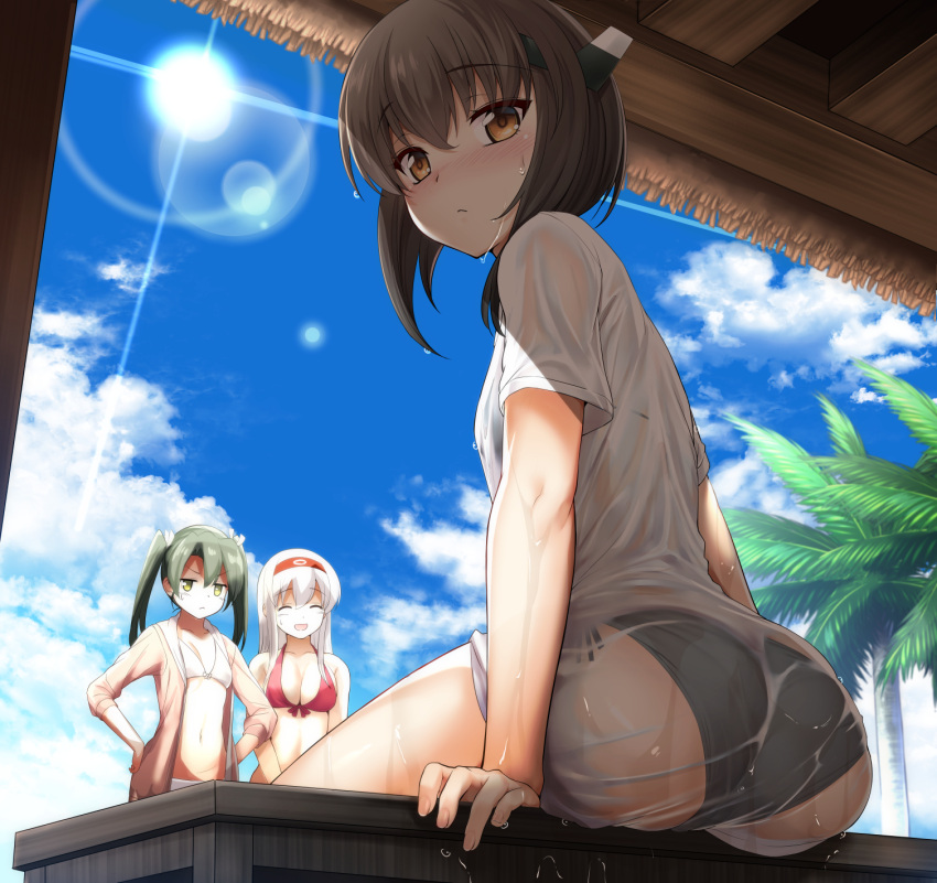 3girls :d ^_^ arm_support ass bikini black_bikini blue_sky breasts brown_hair cleavage closed_eyes clouds cloudy_sky day eyebrows_visible_through_hair fingernails from_below front-tie_bikini front-tie_top green_hair hair_between_eyes hairband hands_on_hips headgear highres hood hooded_jacket hoodie ipuu_(el-ane_koubou) jacket kantai_collection large_breasts lens_flare long_hair looking_at_viewer multiple_girls navel open_clothes open_hoodie open_jacket open_mouth outdoors palm_tree red_bikini see-through shirt short_hair shoukaku_(kantai_collection) side-tie_bikini sky small_breasts smile sunlight sweat sweatdrop swimsuit taihou_(kantai_collection) tree twintails wet wet_clothes wet_shirt white_bikini white_hair zuikaku_(kantai_collection)