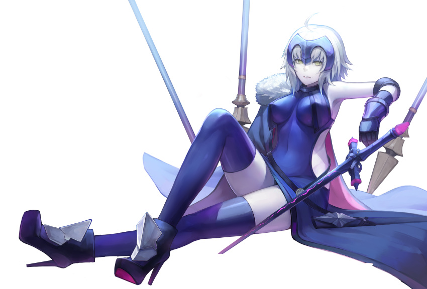 1girl absurdres ahoge armor black_legwear blush breasts cjyoung fate/grand_order fate_(series) headpiece high_heels highres jeanne_alter large_breasts looking_at_viewer parted_lips ruler_(fate/apocrypha) sitting smile solo sword thigh-highs weapon white_hair yellow_eyes