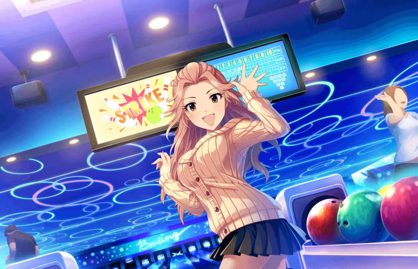 1girl artist_request ball black_skirt bowling bowling_alley bowling_ball brown_eyes cardigan earrings hamakawa_ayuna idolmaster idolmaster_cinderella_girls idolmaster_cinderella_girls_starlight_stage jewelry long_hair nail_polish official_art pink_hair pleated_skirt ribbed_sweater skirt sweater