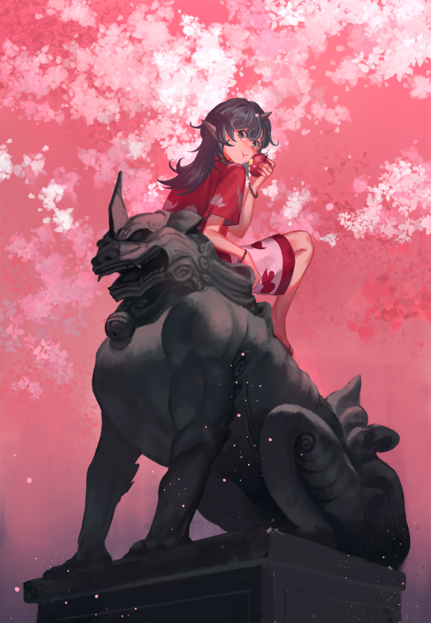 1girl absurdres animal_ears apple cherry_blossoms eating flip-flops food fruit green_eyes green_hair highres horn kariyushi_shirt komainu komano_aun long_hair looking_at_viewer ouka_musci sandals shorts sitting solo statue touhou