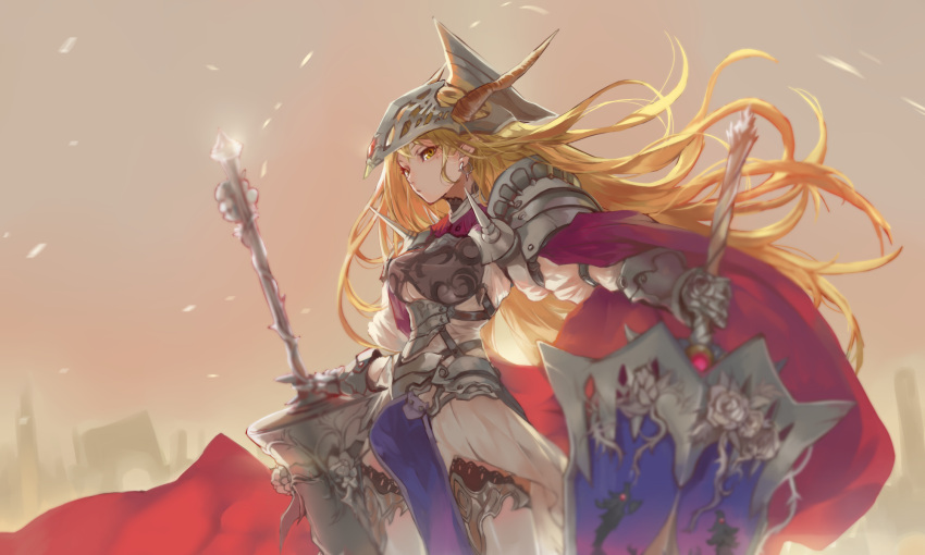 1girl blonde_hair cape ceda_(dace) earrings gundam helmet highres horns jewelry knight_gundam lance personification pointy_ears polearm shield skirt solo sword weapon yellow_eyes