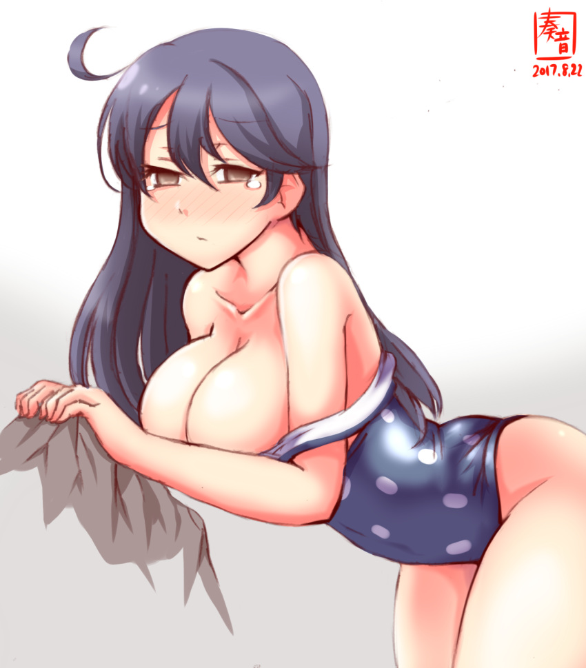 1girl bare_shoulders black_hair blue_swimsuit blush highres kanon_(kurogane_knights) kantai_collection long_hair looking_at_viewer one-piece_swimsuit polka_dot polka_dot_swimsuit solo swimsuit swimsuit_pull tears ushio_(kantai_collection)