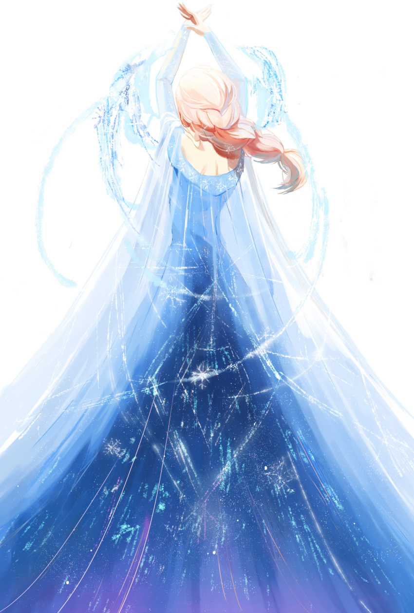 1girl back blonde_hair blue_dress braid cape dainegikun dress elsa_(frozen) from_behind frozen_(disney) highres long_dress long_hair see-through single_braid solo