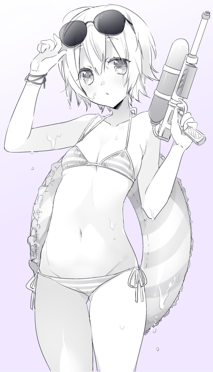 1girl :o assassin_of_black bikini blush breasts cowboy_shot facial_scar fate/apocrypha fate_(series) finger_on_trigger gluteal_fold gradient gradient_background greyscale gun hair_between_eyes halter_top halterneck highres holding holding_gun holding_weapon innertube looking_at_viewer lowleg lowleg_bikini monochrome navel parted_lips purple_background scar short_hair side-tie_bikini simple_background sino_(sionori) small_breasts solo striped striped_bikini sunglasses sunglasses_on_head swimsuit thigh_gap water_gun weapon wet wristband