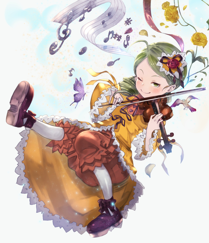 &gt;;) 1girl ahoge bangs blush bow_(instrument) brown_shoes butterfly closed_mouth commentary dress drill_hair flower full_body green_eyes green_hair hair_ornament highres holding holding_instrument instrument kanaria long_hair momomo_(user_xnfy4284) music musical_note orange_pants petals platform_footwear playing_instrument quaver red_rose rose rozen_maiden sharp_sign shoes solo swept_bangs treble_clef twin_drills violin yellow_dress yellow_rose