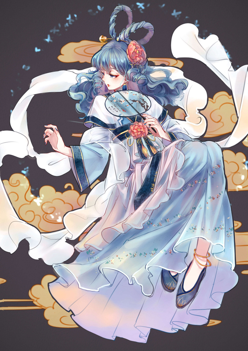 1girl absurdres anklet black_shoes blue_dress blue_eyes blue_hair blue_nails commentary_request dress drill_hair embellished_costume eyeshadow fan fingernails floral_print flower full_body hair_flower hair_ornament hair_rings hair_stick half-closed_eyes highres jewelry kaku_seiga kamigakushi_no_cho_sakura lipstick makeup nail_polish red_flower red_lipstick sash shoes solo touhou wide_sleeves