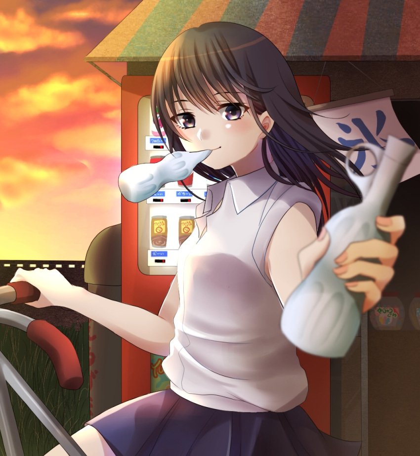 1girl bicycle blue_skirt brown_hair clouds cowboy_shot foreshortening giving ground_vehicle looking_at_viewer mouth_hold negiko123123 original outdoors red_sky shirt short_hair short_sleeves sign sitting skirt sky sleeves_pushed_up smile solo sunset vending_machine violet_eyes white_shirt