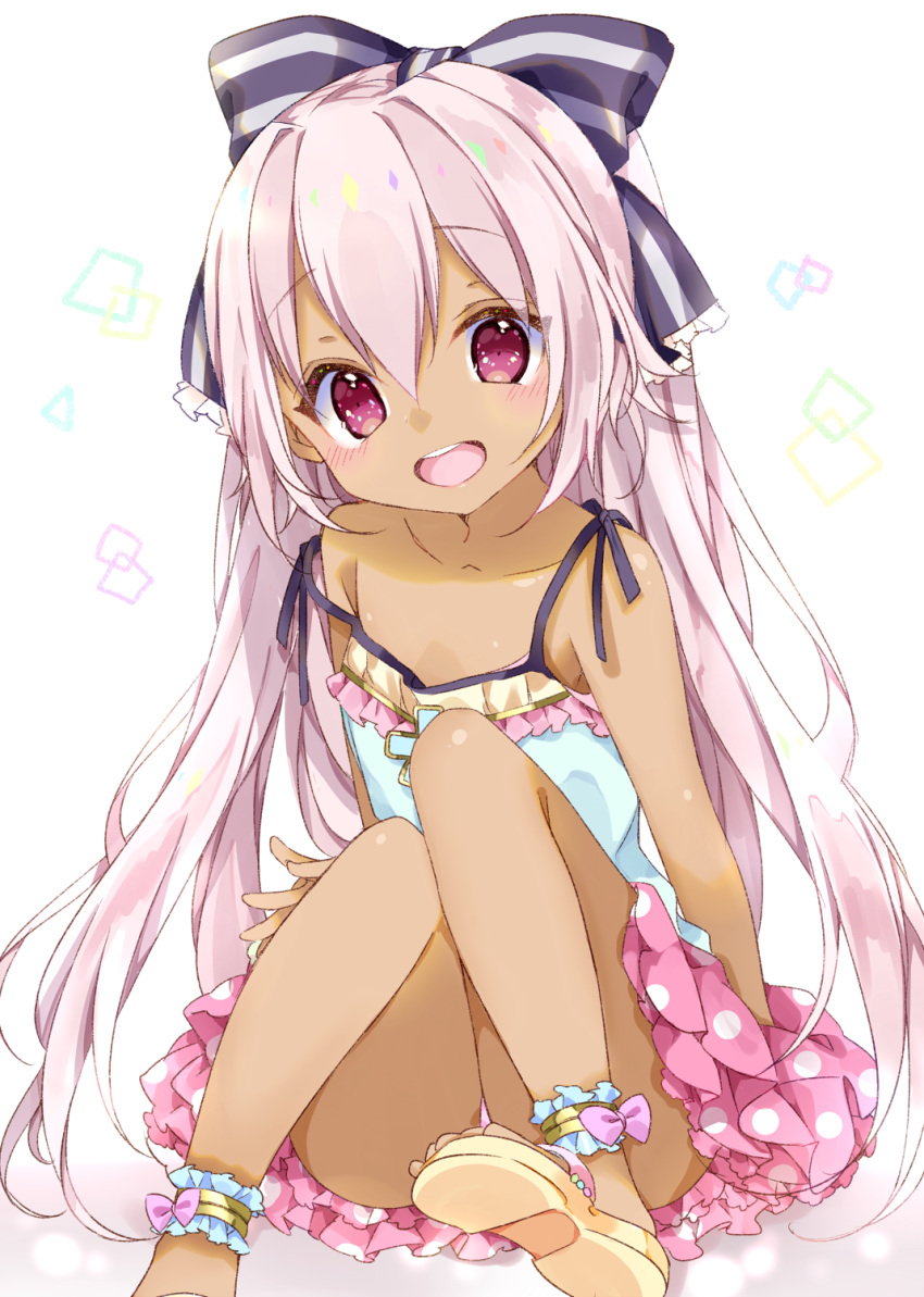 1girl ankle_cuffs bare_arms bare_legs bow camisole chico152 dark_skin frilled_skirt frills hair_bow highres looking_at_viewer miniskirt panties pink_hair pink_panties pink_skirt polka_dot_skirt red_eyes shironeko_project sitting skirt smile solo striped striped_bow underwear white_background