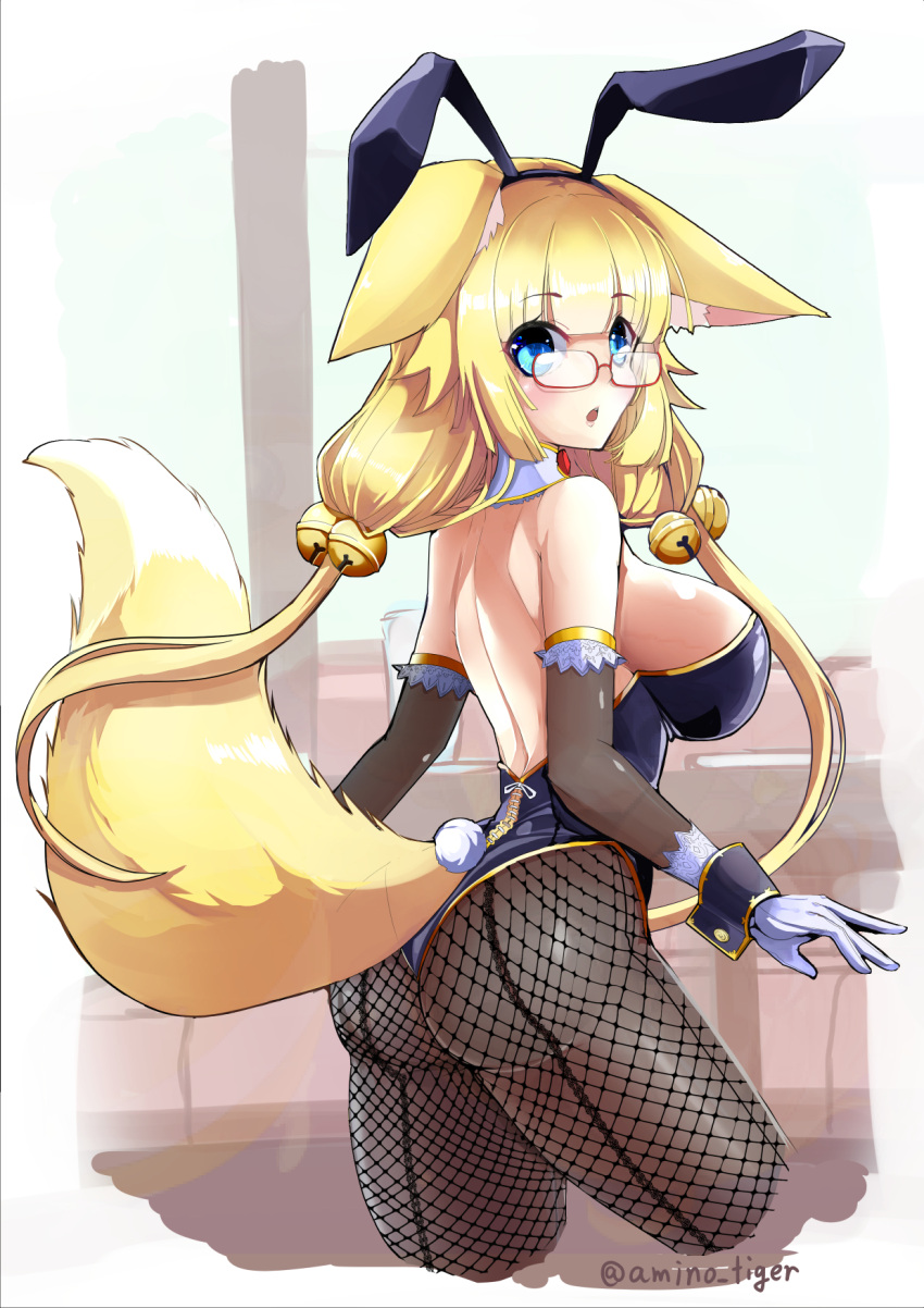 1girl :o amino_dopple animal_ears ass backless_outfit bangs bell black_gloves black_legwear blonde_hair blue_eyes blue_leotard blush breasts bunnysuit cropped_legs elbow_gloves eyebrows_visible_through_hair fake_animal_ears fishnet_pantyhose fishnets fox_ears fox_tail from_side glasses gloves hair_bell hair_ornament highres jingle_bell large_breasts leotard long_hair looking_at_viewer looking_back low_twintails open_mouth original pantyhose purple_gloves rabbit_ears red-framed_eyewear semi-rimless_glasses sideboob sidelocks solo tail thighs twintails twitter_username under-rim_glasses