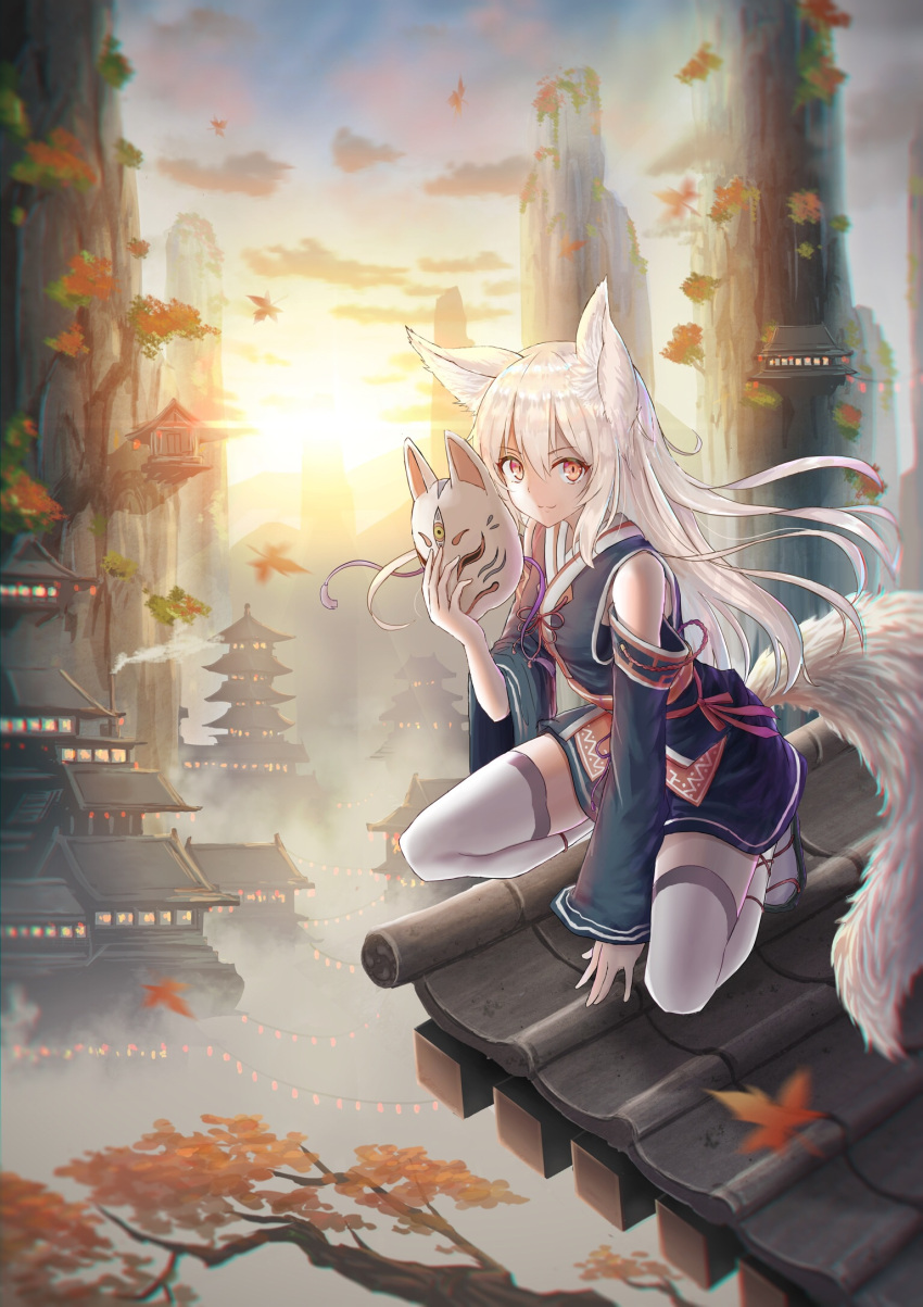 1girl animal_ears autumn_leaves blush closed_mouth eyebrows_visible_through_hair fox_ears fox_mask highres holding holding_mask leaf long_hair looking_at_viewer maple_leaf mask original outdoors red_eyes sandals smile squatting teraguchi thigh-highs white_hair white_legwear