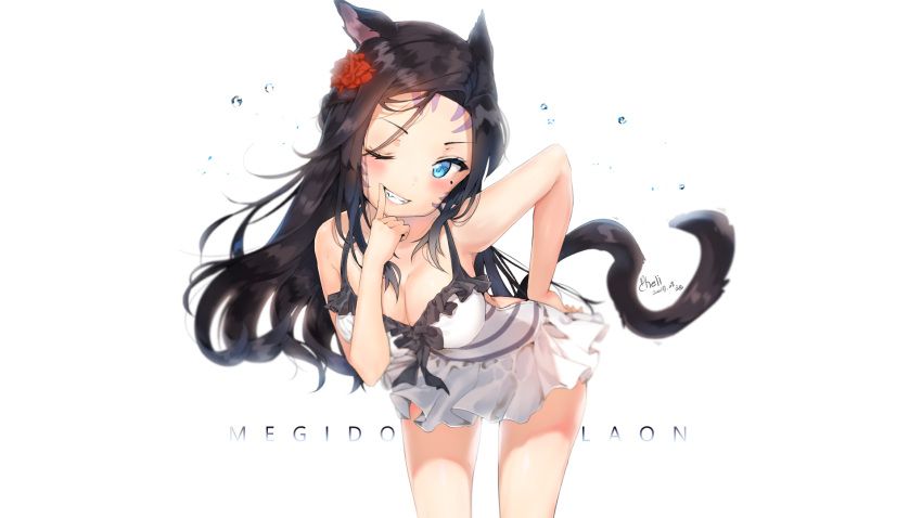 1girl animal_ears artist_name bent_over black_hair blue_eyes blurry breasts cheli_(kso1564) cleavage dated depth_of_field final_fantasy final_fantasy_xiv forehead grin highres long_hair looking_at_viewer medium_breasts miqo'te mole mole_under_eye one-piece_swimsuit one_eye_closed sidelocks signature skirt smile solo striped striped_swimsuit swimsuit tail teeth thighs water_drop whisker_markings white_skirt white_swimsuit