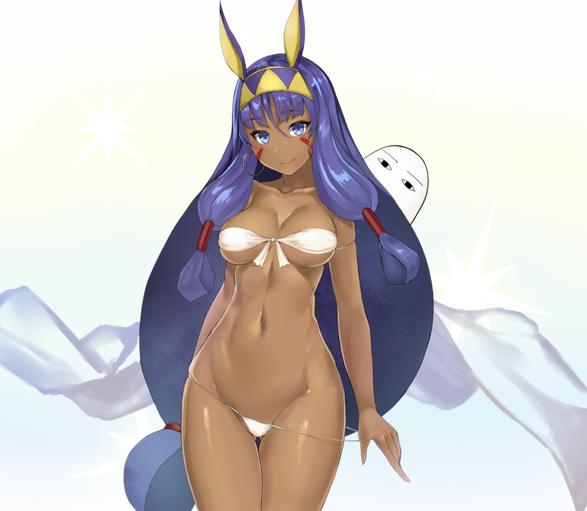 1girl animal_ears armlet arms_at_sides bandeau bikini bikini_pull blue_eyes breasts cleavage closed_mouth collarbone cowboy_shot dark_skin earrings eyebrows_visible_through_hair facial_mark fate/grand_order fate_(series) front-tie_bikini front-tie_top gluteal_fold gradient gradient_background hair_tubes hairband highres hoop_earrings jewelry large_breasts long_hair looking_at_viewer low-tied_long_hair medjed nakamura_nagare navel nitocris_(fate/grand_order) purple_hair sidelocks simple_background smile solo string_bikini swimsuit thigh_gap very_long_hair white_bikini