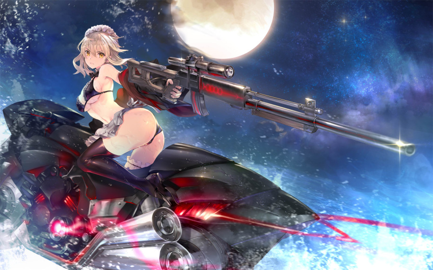 1girl apron artoria_pendragon_(all) artoria_pendragon_(swimsuit_rider_alter)_(fate) ass bikini black_bikini black_legwear breasts closed_mouth fate/grand_order fate_(series) finger_on_trigger from_side full_moon glint ground_vehicle gun hair_between_eyes highres khanshin leg_garter light_brown_hair light_trail looking_at_viewer maid_headdress mary_janes medium_breasts moon motor_vehicle motorcycle navel night night_sky outdoors riding rifle saber_alter shoes short_hair sideboob sky sniper_rifle solo swimsuit thigh-highs under_boob waist_apron weapon wet wet_hair yellow_eyes