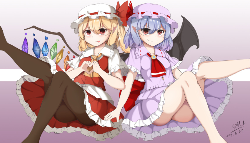 2girls :p artist_name bare_legs bat_wings blonde_hair blue_hair brooch brown_legwear cravat dated fang fang_out flandre_scarlet frilled_skirt frills gradient gradient_background hair_between_eyes hat hat_ribbon heart heart_hands hell.k highres jewelry leg_lift looking_at_viewer mob_cap multiple_girls pantyhose pointy_ears purple_background red_eyes remilia_scarlet ribbon short_hair short_sleeves siblings side-by-side side_ponytail sisters sitting skirt skirt_set smile striped striped_background tongue tongue_out touhou wings