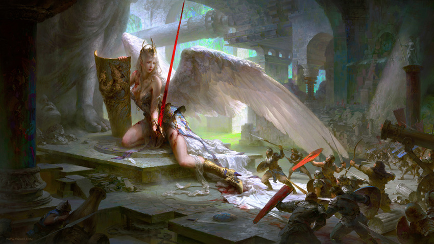 1girl angel angel_wings armor bare_shoulders battle blonde_hair blood boots bow_(weapon) column fighting_stance firing giantess guang_yi headwear helmet high_heel_boots high_heels holding holding_weapon hood injury long_hair multiple_boys original pillar polearm shield shoulder_armor sitting size_difference spear stairs statue sword weapon white_wings wings