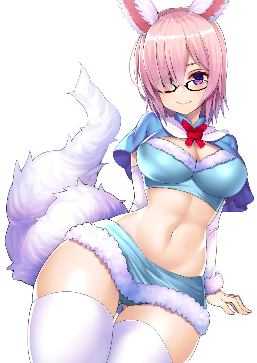 1girl animal_ears arm_support bangs beeyan black-framed_eyewear blush breasts capelet closed_mouth contrapposto cosplay cowboy_shot detached_sleeves eyebrows_visible_through_hair fate/grand_order fate_(series) fou_(fate/grand_order) fou_(fate/grand_order)_(cosplay) fur_trim glasses hair_over_one_eye highres large_breasts lavender_hair looking_at_viewer midriff miniskirt navel pink_hair shielder_(fate/grand_order) shiny shiny_hair short_hair simple_background skirt smile solo tail thick_thighs thigh-highs thighs violet_eyes white_background white_legwear